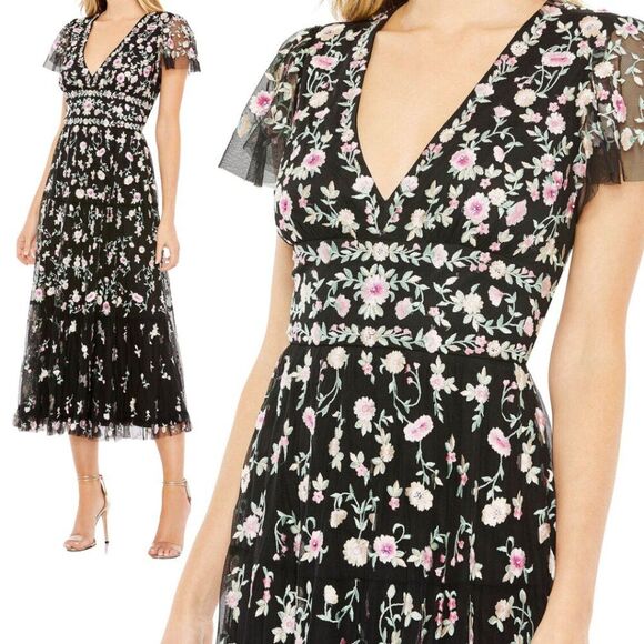 Mac Duggal 35104 Size 14 Black Floral Embroidered V-Neck Cap Sleeve Midi Dress - Picture 1 of 4